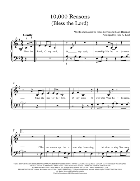 10 000 Reasons Bless The Lord 5 Finger Sheet Music