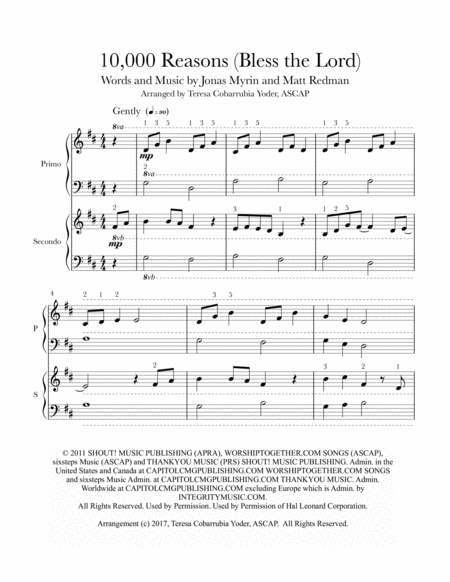 Free Sheet Music 10 000 Reasons Bless The Lord Easy Piano Duet