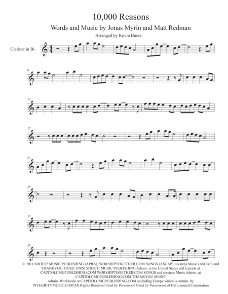 10 000 Reasons Easy Key Of C Clarinet Sheet Music