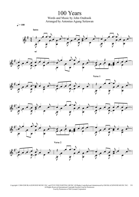 100 Years Solo Guitar Score Sheet Music