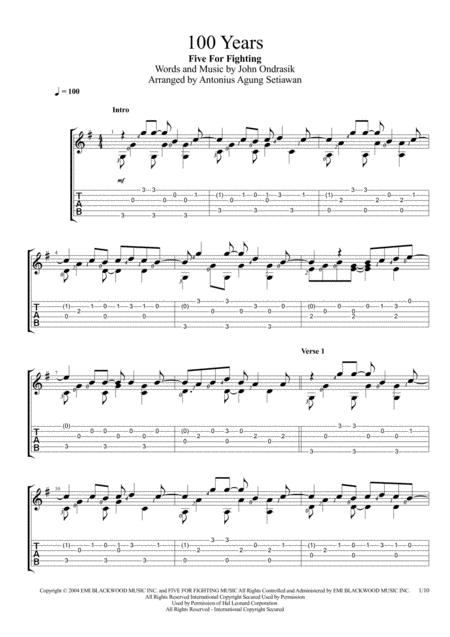 100 Years Solo Guitar Tablature Sheet Music