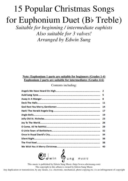 15 Popular Christmas Songs For Euphonium Duet Bb Treble Suitable For Beginning Intermediate Euphists Sheet Music