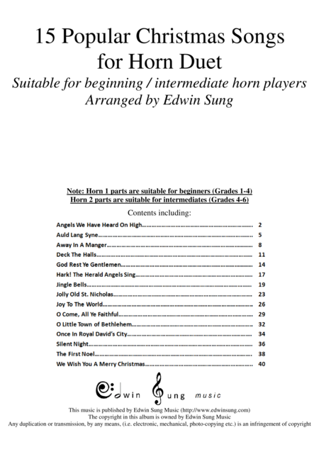 15 Popular Christmas Songs For Horn Duet Suitable For Beginning Intermediate Horn Players Sheet Music