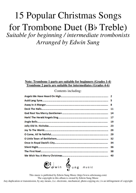 Free Sheet Music 15 Popular Christmas Songs For Trombone Duet Bb Treble Suitable For Beginning Intermediate Trombonists