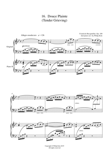 Free Sheet Music 16 Douce Plainte Tender Grieving 25 Progressive Studies Opus 100 For 2 Pianos Friedrich Burgmller