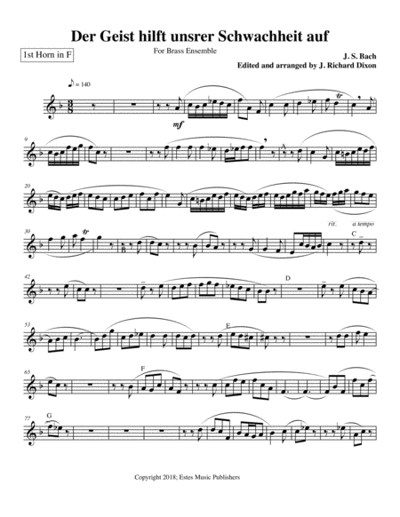 1st Horn Part To Bachs Der Geist Transcription For Brass Ensemble Sheet Music