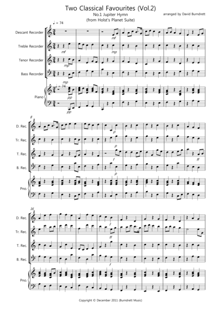 2 Classical Favourites For Recorder Quartet Volume Two Sheet Music