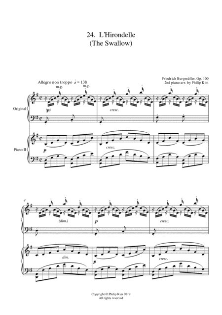 Free Sheet Music 24 L Hirondelle The Swallow 25 Easy And Progressive Studies Opus 100 For 2 Pianos Friedrich Burgmller