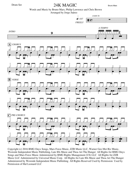 24k Magic Drums Sheet Music