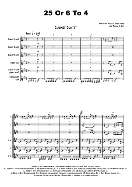 25 Or 6 To 4 Chicago Clarinet Quintet Sheet Music