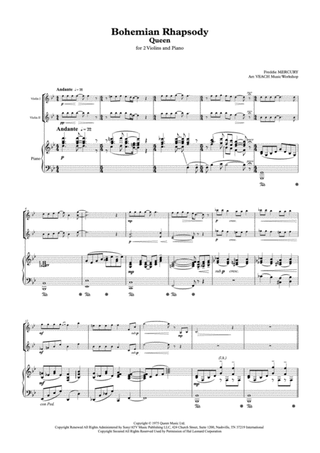 Free Sheet Music 2violins Piano Arr Queen Bohemian Rhapsody