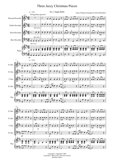 3 Jazzy Christmas Pieces For Recorder Quartet Sheet Music