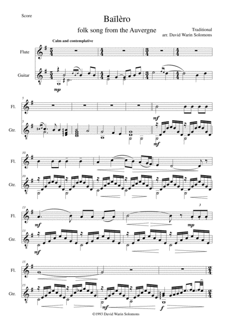 3 Songs Of The Auvergne For Flute Guitar Sheet Music