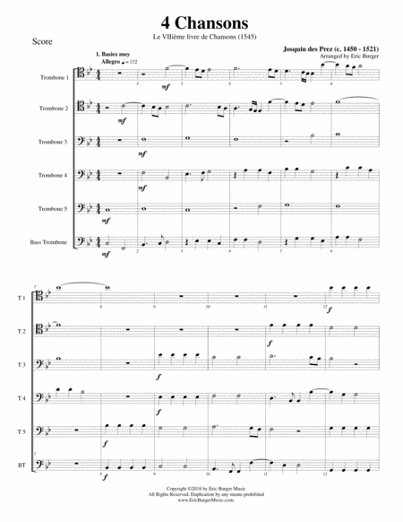 4 Chansons For Trombone Or Low Brass Sextet Sheet Music