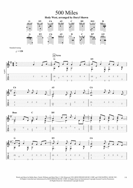 500 Miles For Solo Fingerstyle Guitar Sheet Music