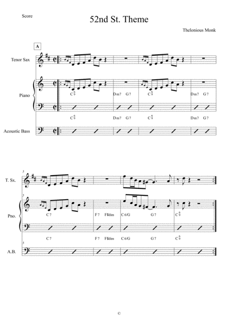 Free Sheet Music 52nd Street Theme Score And Individual Parts Tenor Sax Piano Bass