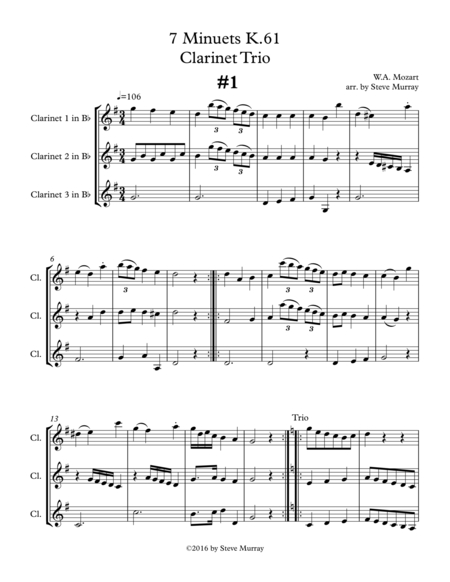 Free Sheet Music 7 Minuets K 61 For Three Clarinets