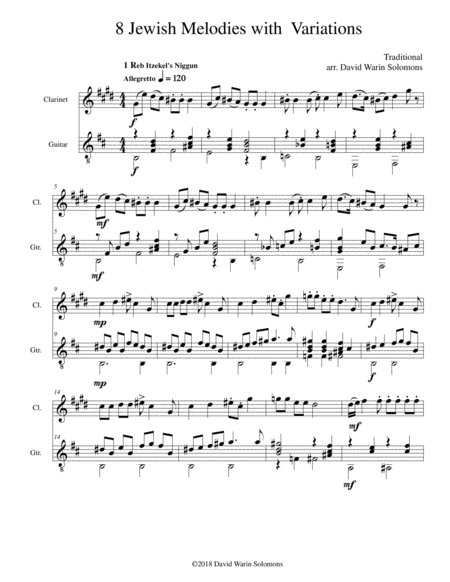 8 Jewish Melodies With Variations For Clarinet And Guitar Sheet Music