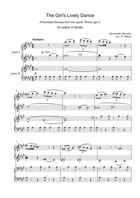 A Borodin The Girls Lively Dance Polovtsian Dances From The Opera Prince Igor For Piano 4 Hands Sheet Music