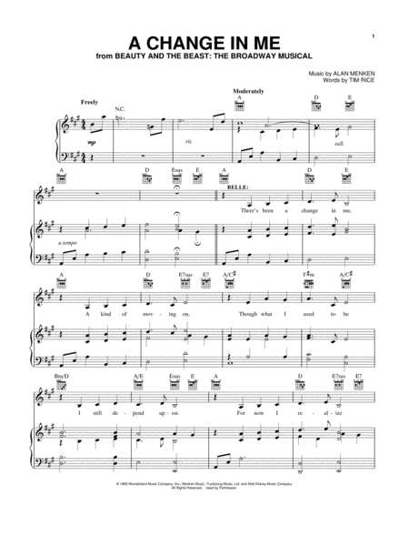 A Change In Me From Beauty And The Beast The Broadway Musical Sheet Music