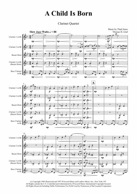 Free Sheet Music A Child Is Born Christmas Jazz Waltz By Thad Jones Clarinet Quartet