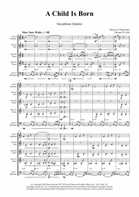 Free Sheet Music A Child Is Born Christmas Jazz Waltz By Thad Jones Saxophone Quintet