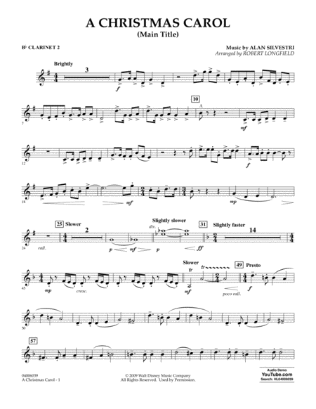 Free Sheet Music A Christmas Carol Main Title Arr Robert Longfield Bb Clarinet 2