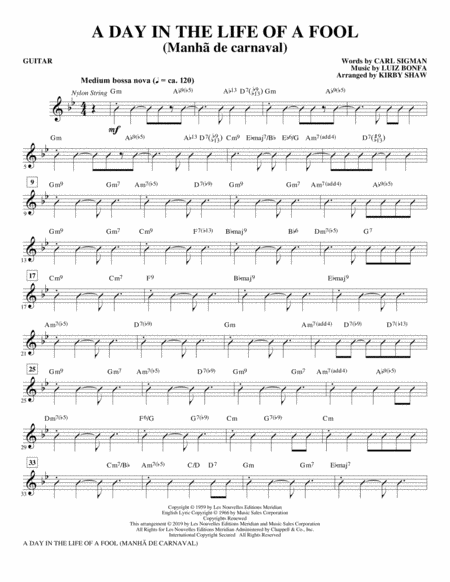 Free Sheet Music A Day In The Life Of A Fool Manha De Carnaval Arr Kirby Shaw Guitar