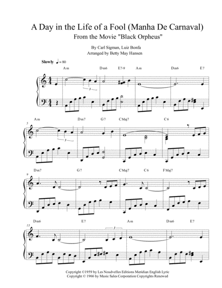 A Day In The Life Of A Fool Movie Music Sheet Music