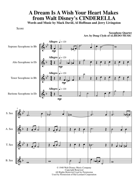 A Dream Is A Wish Your Heart Makes From Walt Disneys Cinderella For Saxophone Quartet Sheet Music