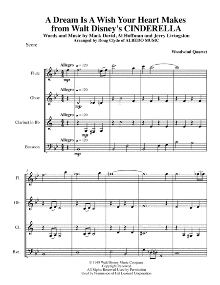 A Dream Is A Wish Your Heart Makes From Walt Disneys Cinderella For Woodwind Quartet Sheet Music