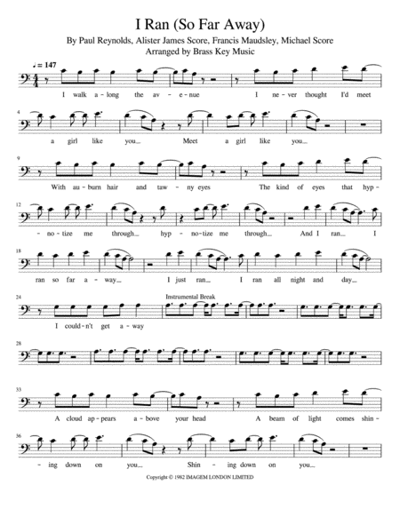 A Flock Of Seagulls I Ran So Far Away Trombone Or Baritone B C Sheet Music