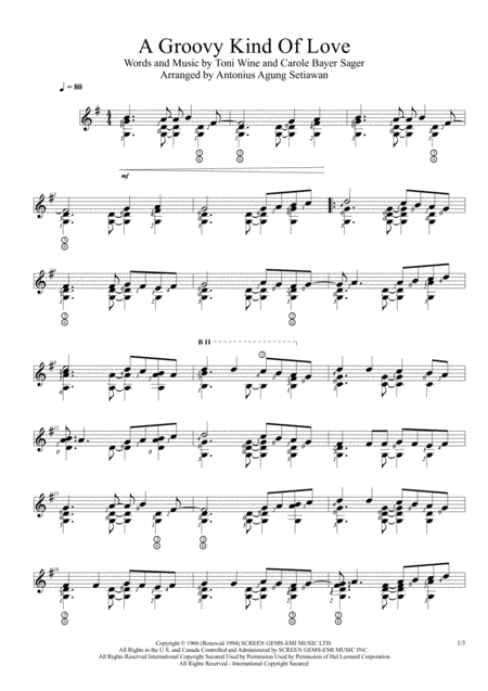 A Groovy Kind Of Love Solo Guitar Score Sheet Music