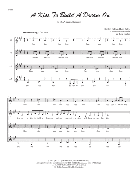 A Kiss To Build A Dream On For Ssaa A Cappella Quartet Sheet Music