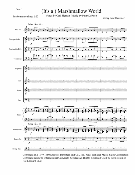A Marshmallow World 4 Part Satb With Piano Optional 2 Trpt 1 Alto Sax Vibraphone Bass Drums Sheet Music