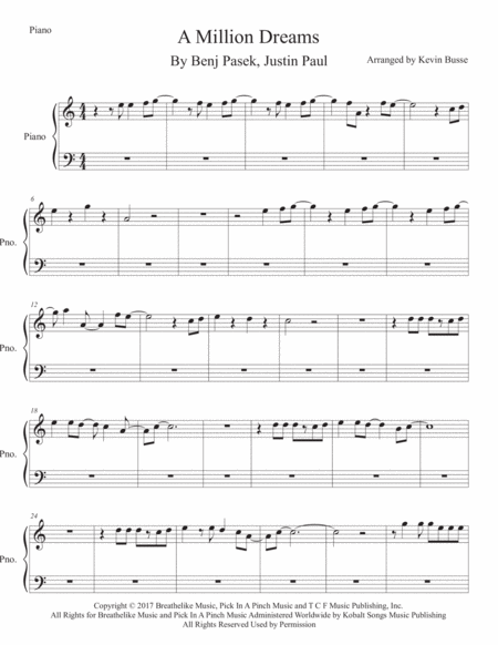 A Million Dreams Easy Key Of C Piano Sheet Music