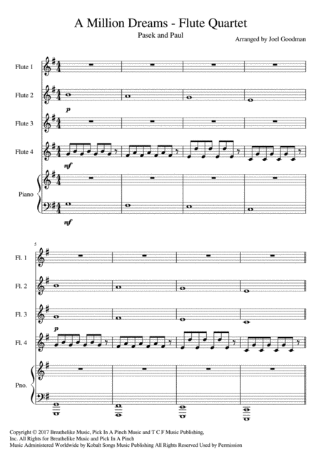 A Million Dreams Flute Quartet The Greatest Showman Sheet Music