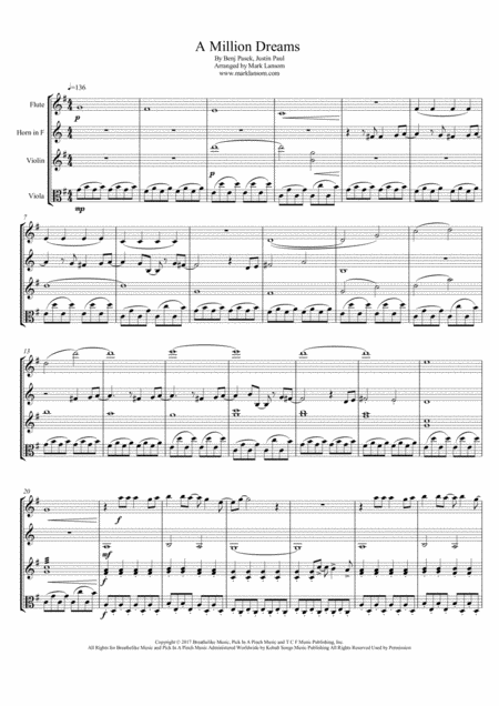 A Million Dreams For Flute French Horn Violin And Viola Sheet Music