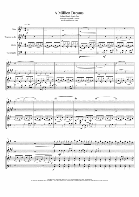 Free Sheet Music A Million Dreams For Flute Trumpet Violin And Cello