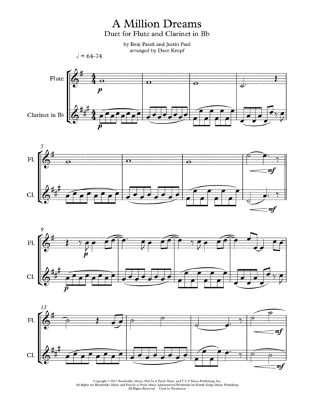 Free Sheet Music A Million Dreams From The Greatest Showman Duet For Flute And Clarinet In Bb
