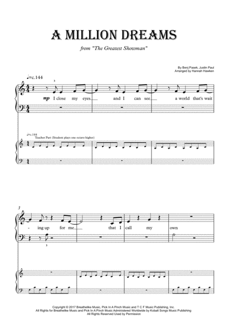 A Million Dreams From The Greatest Showman Easy Beginner Piano With Teacher Part Sheet Music