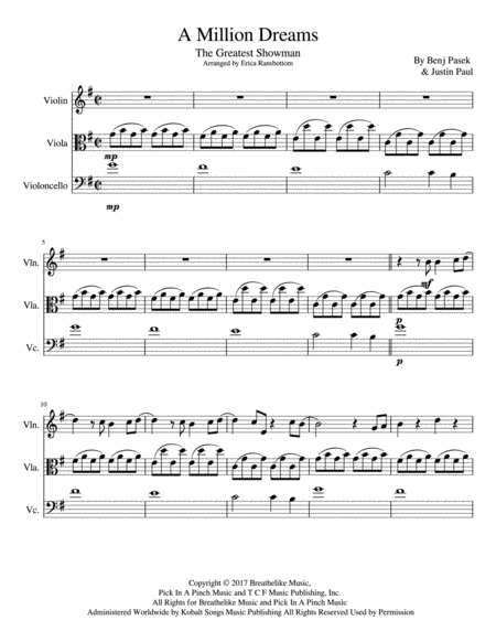 A Million Dreams From The Greatest Showman For String Trio Violin Viola Cello Sheet Music