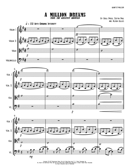 A Million Dreams From The Greatest Showman String Quartet Sheet Music