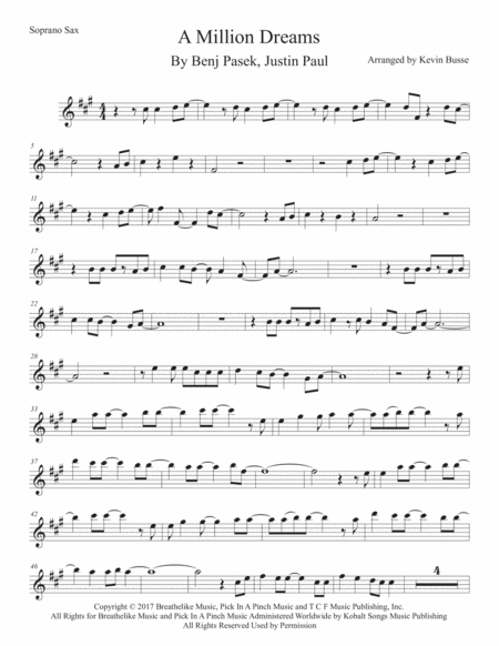 Free Sheet Music A Million Dreams Original Key Soprano Sax