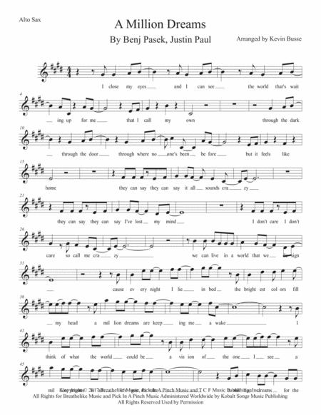 A Million Dreams W Lyrics Alto Sax Sheet Music