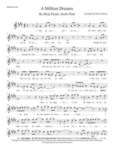 Free Sheet Music A Million Dreams W Lyrics Bari Sax