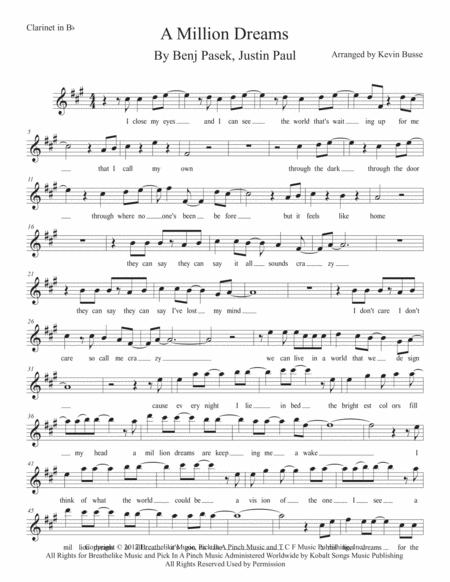 A Million Dreams W Lyrics Clarinet Sheet Music