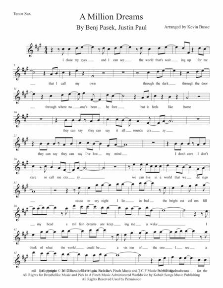 Free Sheet Music A Million Dreams W Lyrics Tenor Sax