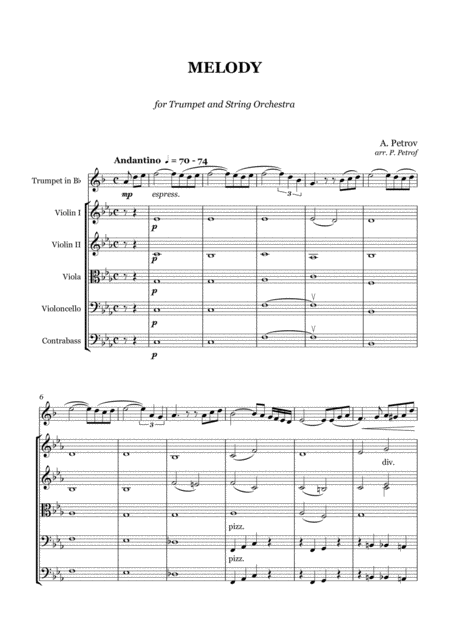 Free Sheet Music A Petrov Melody For Trumpet And String Orchestra Score And Parts