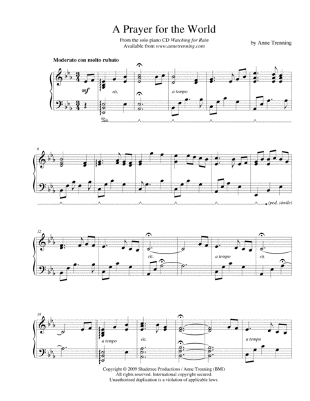 A Prayer For The World Sheet Music For Piano Sheet Music